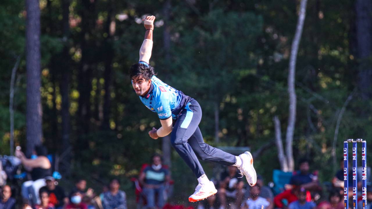Abhishek Paradkar delivers for champions Silicon Valley Strikers during the 2021 Minor League Cricket T20 Final, Morrisville, October 2, 2021