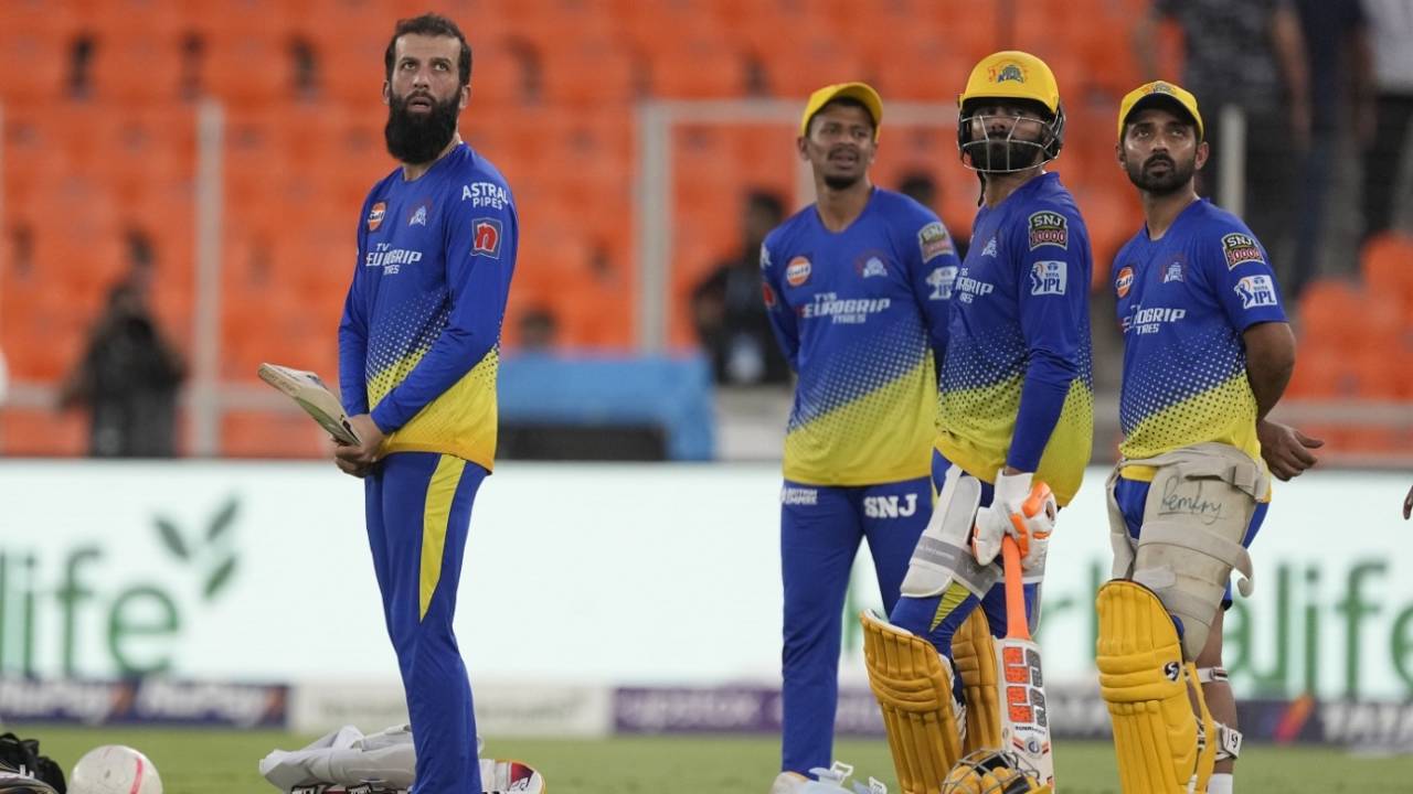 Moeen Ali, Subhranshu Senapti, Ravindra Jadeja and Ajinkya Rahane look on, Gujarat Titans vs Chennai Super Kings, IPL final, Ahmedabad, May 27, 2023