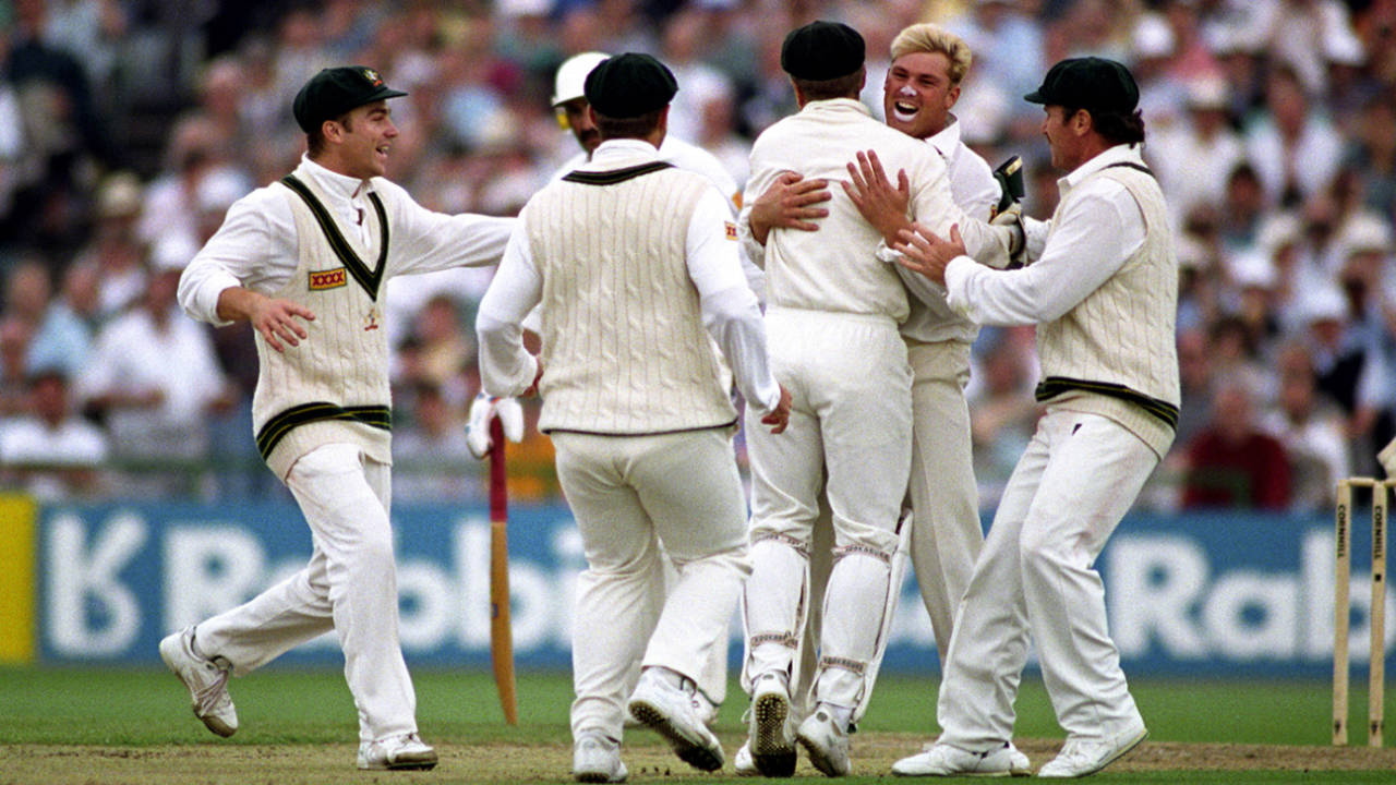 Shane Warne's team-mates gather around him after his dismissal of Mike Gatting, England v Australia, 1st Test, Old Trafford, June 4, 1993