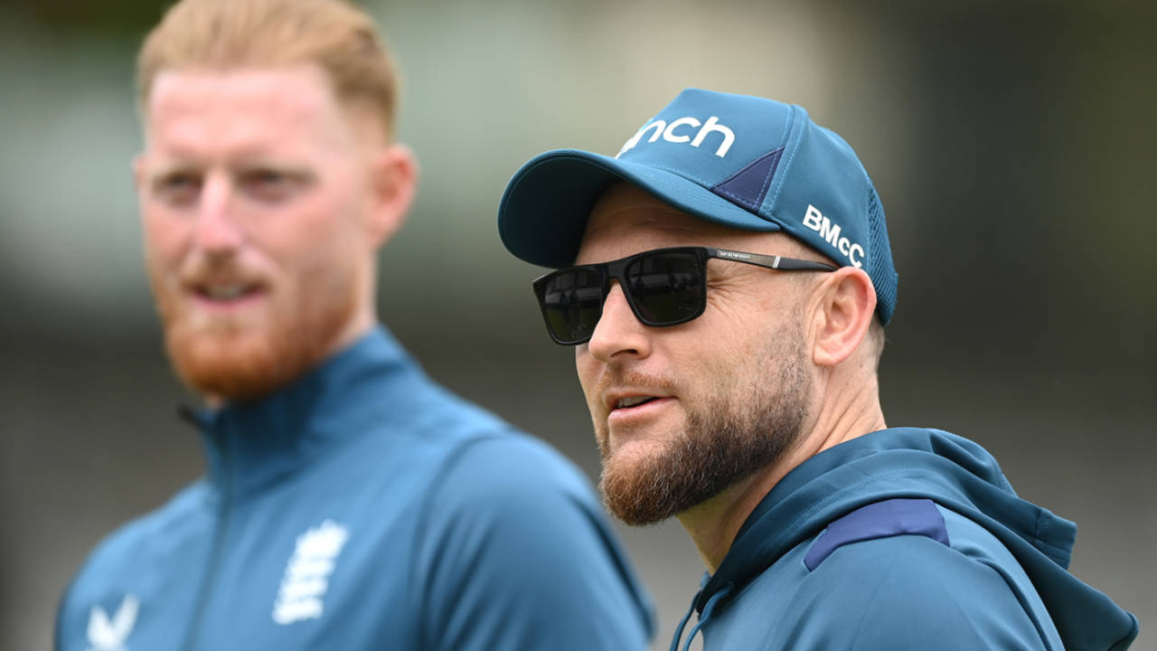 Brendon McCullum keeps an eye on training at Lord's - with Ben Stokes behind him, England vs Ireland, Lord's practice, May 29, 2023