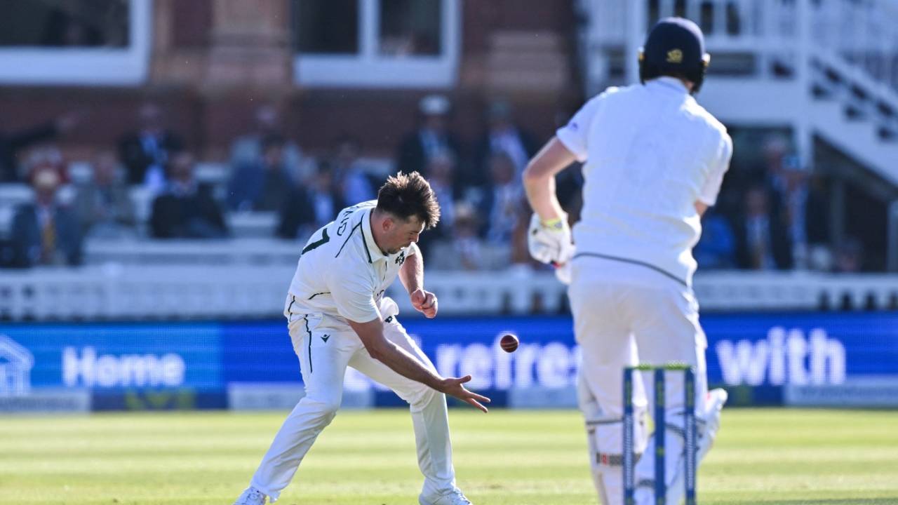 Fionn Hand takes a juggling catch to dismiss Zak Crawley for his first Test wicket, England vs Ireland, only Test, Lord's, 1st day, June 1, 2023