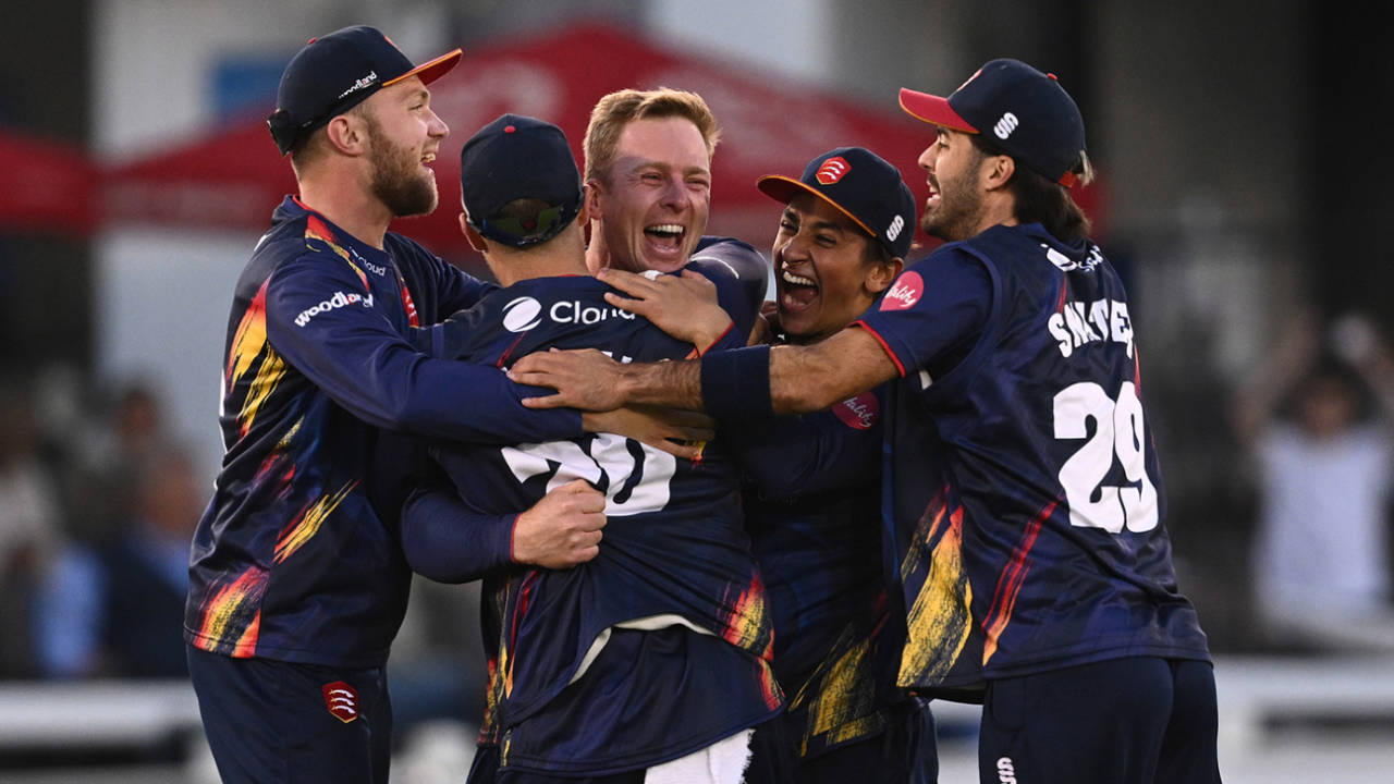 Simon Harmer is mobbed by his team-mates after completing his hat-trick, Sussex vs Essex, Hove, Vitality Blast, June 1, 2023