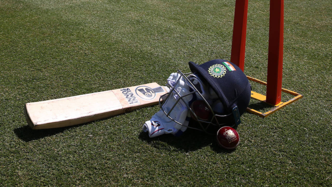 Generic shot of a helmet, bat, gloves and ball during India's training session in Arundel ahead of the World Test Championship final, June 1, 2023