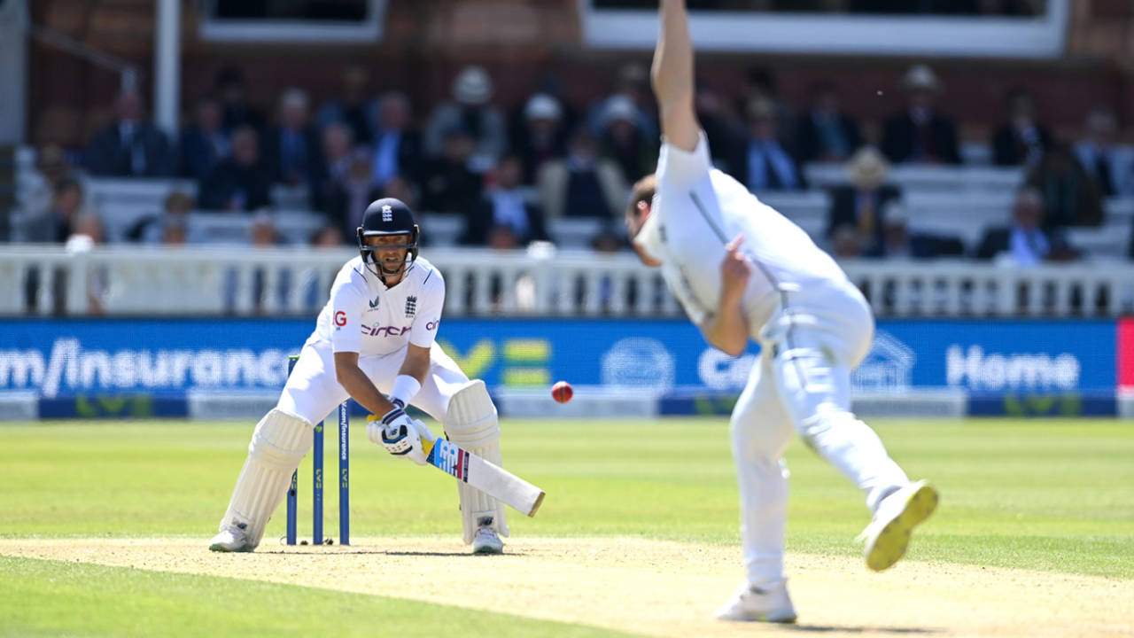 Joe Root tries - unsuccessfully - to reverse-scoop Graham Hume, England vs Ireland, only Test, Lord's, 2nd day, June 2, 2023