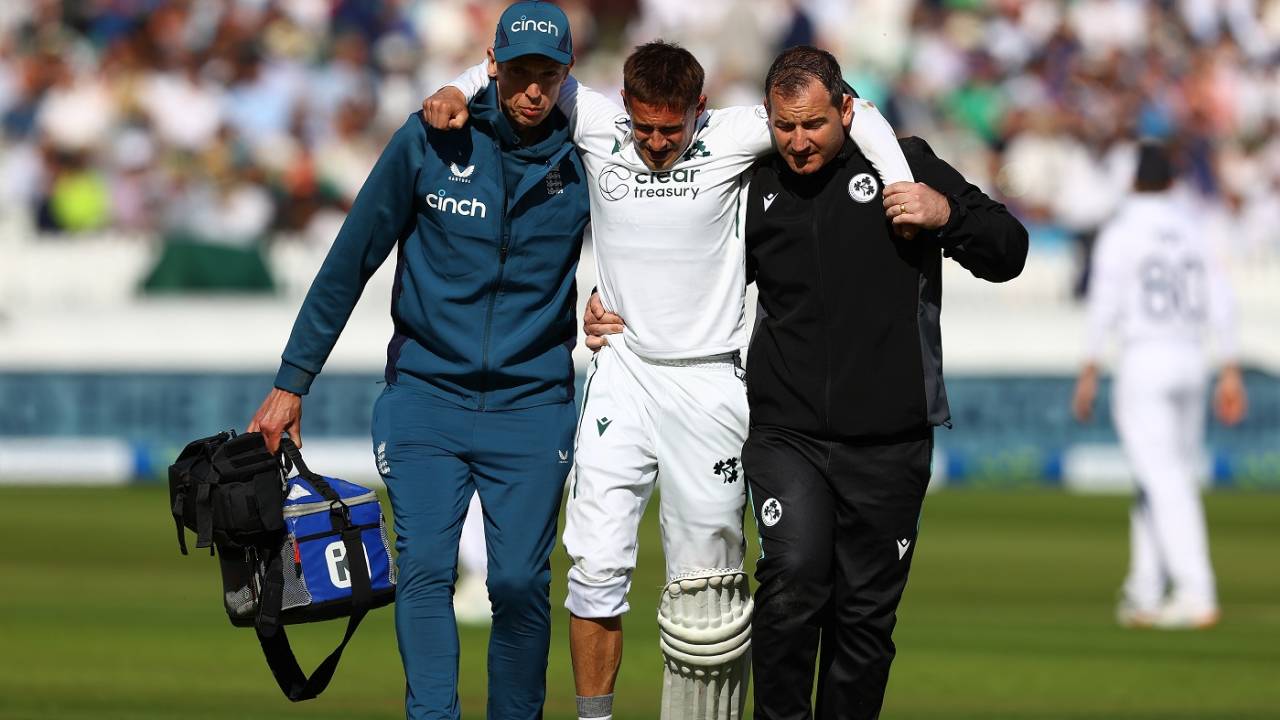 James McCollum twisted his right ankle and was retired hurt. He was helped by both the Ireland and England physios, England vs Ireland, only Test, Lord's, 2nd day, June 2, 2023