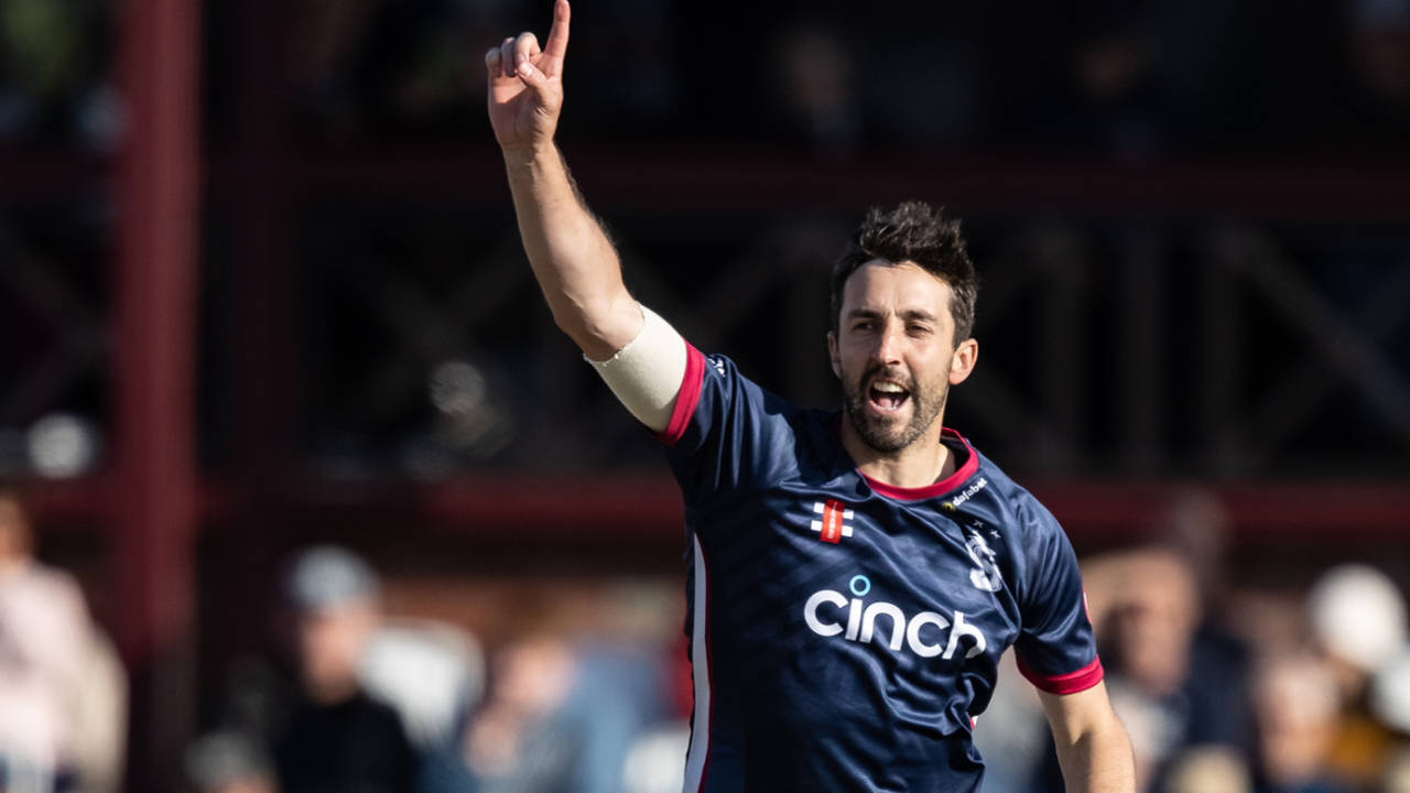 Ben Sanderson celebrates an early breakthrough, Northamptonshire vs Leicestershire, Wantage Road, Vitality T20 Blast, June 2, 2023