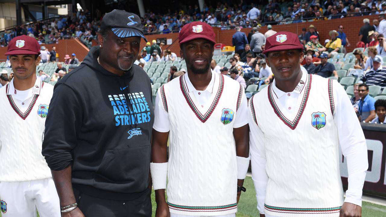 Carl Hooper with Marquino Mindley and Devon Thomas after handing out their West Indies Test caps