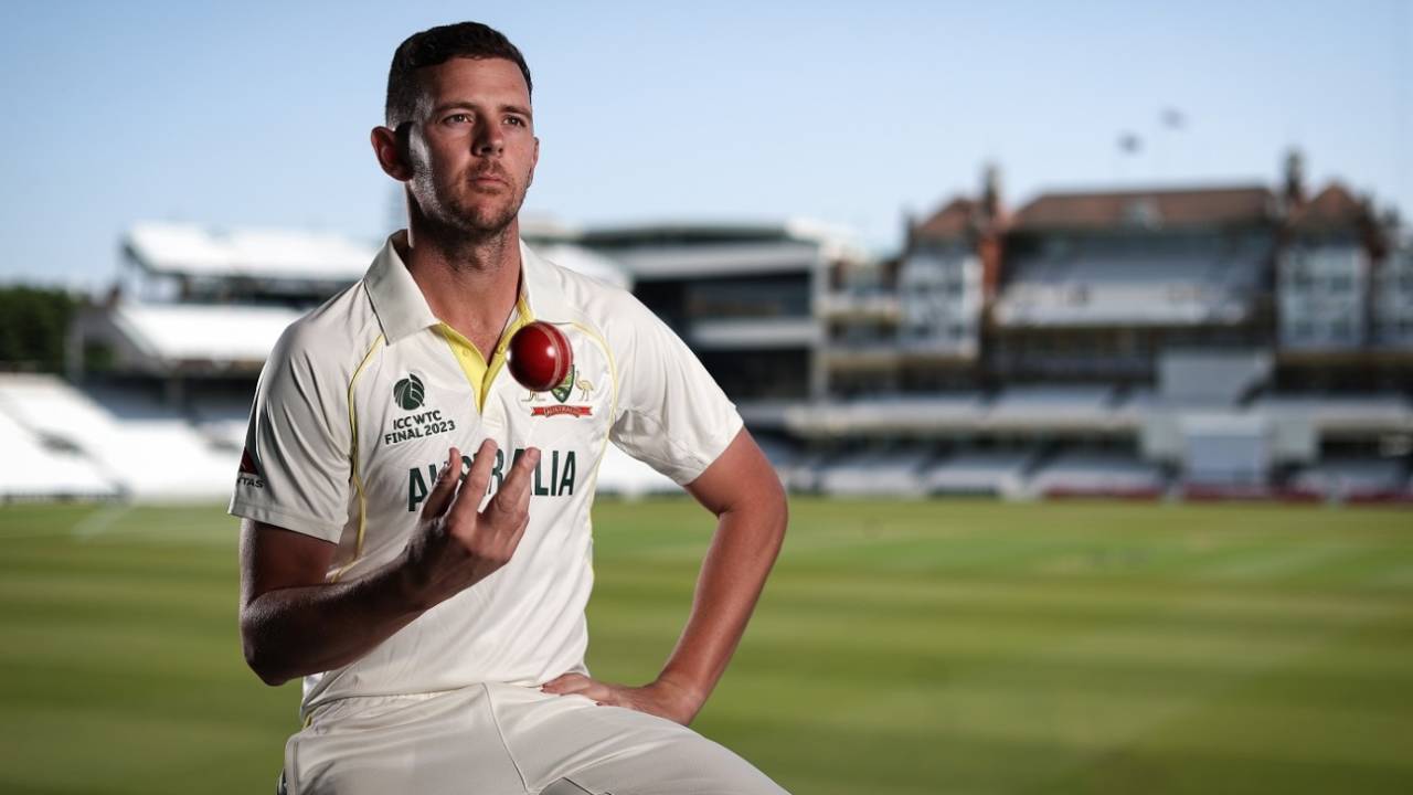 Josh Hazlewood poses with the ball for a photo session before the WTC final, The Oval, London, June 2, 2023