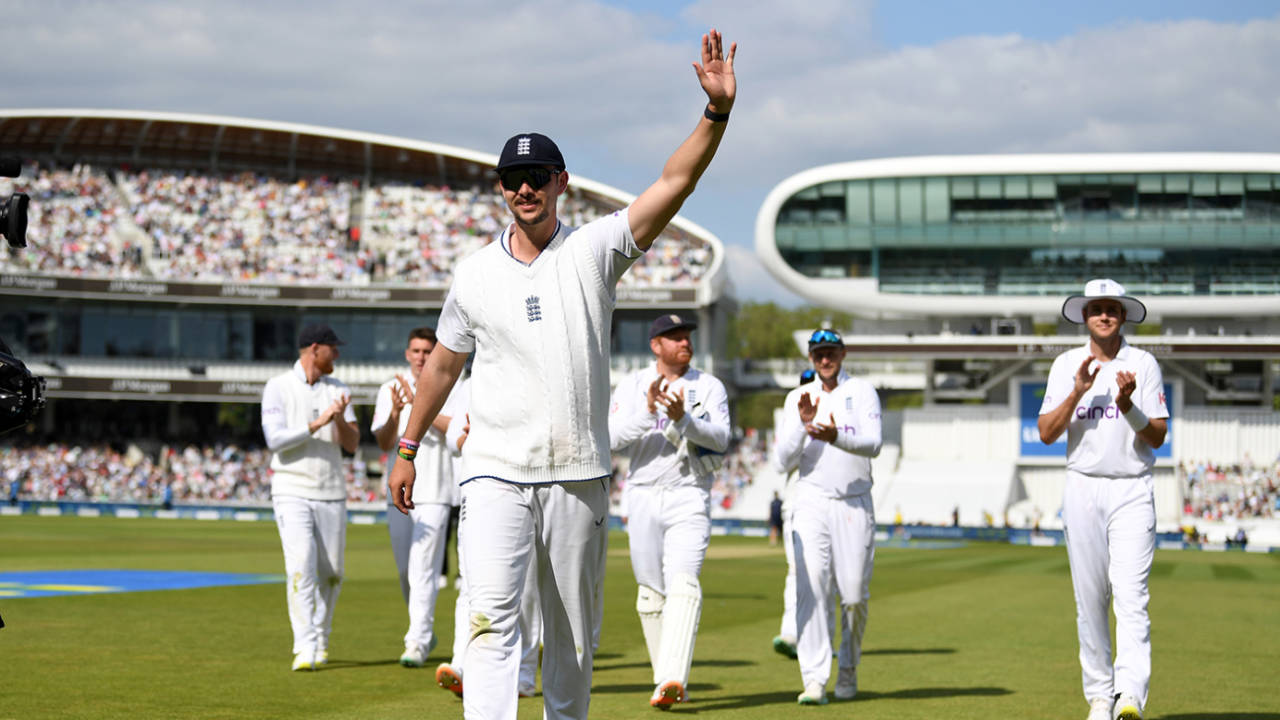 Josh Tongue leads England off the field after his five-for, England vs Ireland, only Test, Lord's, 3rd day, June 3, 2023