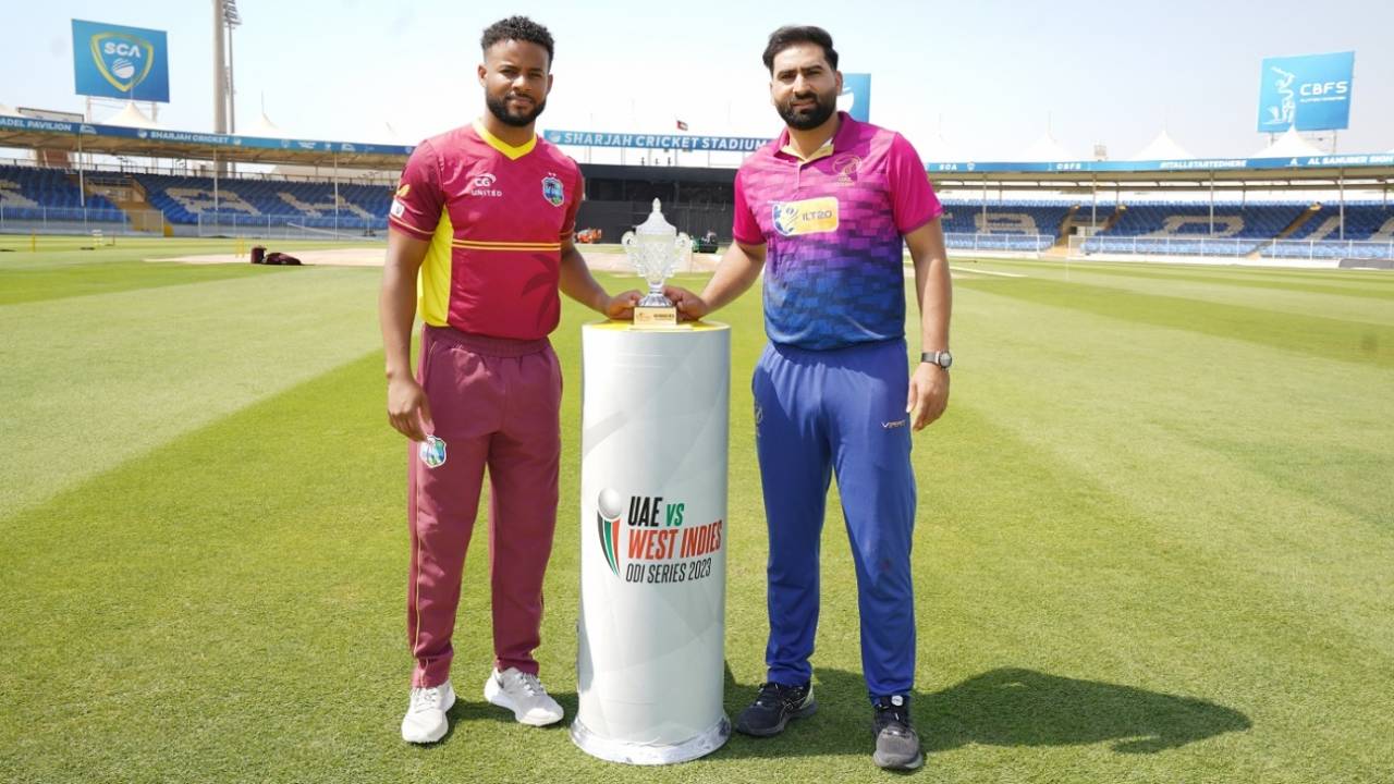 Shai Hope and Muhammad Waseem with the series trophy, Sharjah, June 3, 2023
