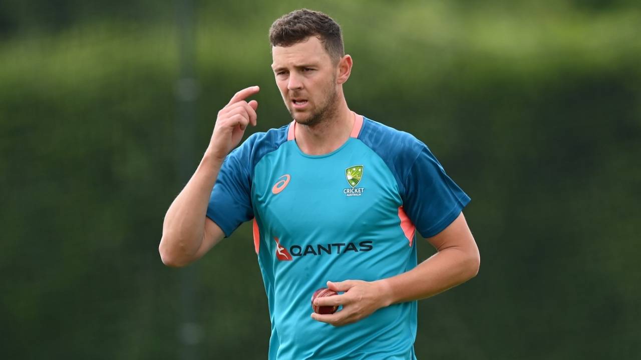 Josh Hazlewood prepares to bowl at the nets, The Oval, London, June 3, 2023