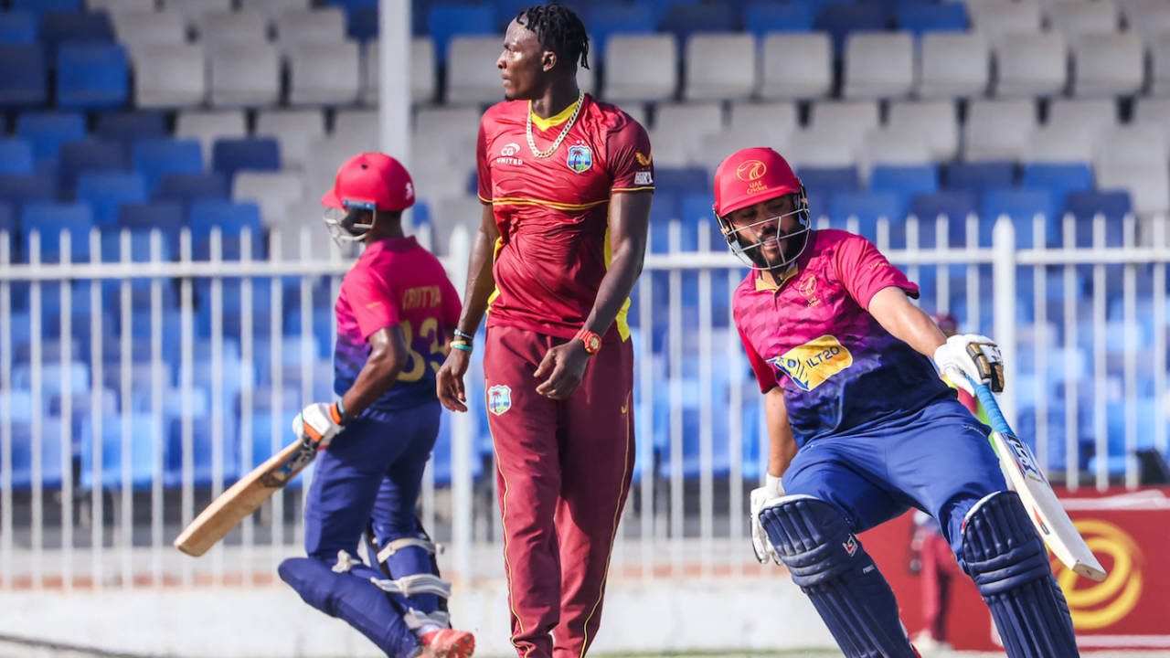 Vriitya Aravind and Rameez Shahzad take a run as Dominic Drakes looks on, UAE vs West Indies, 1st ODI, Sharjah, June 4, 2023