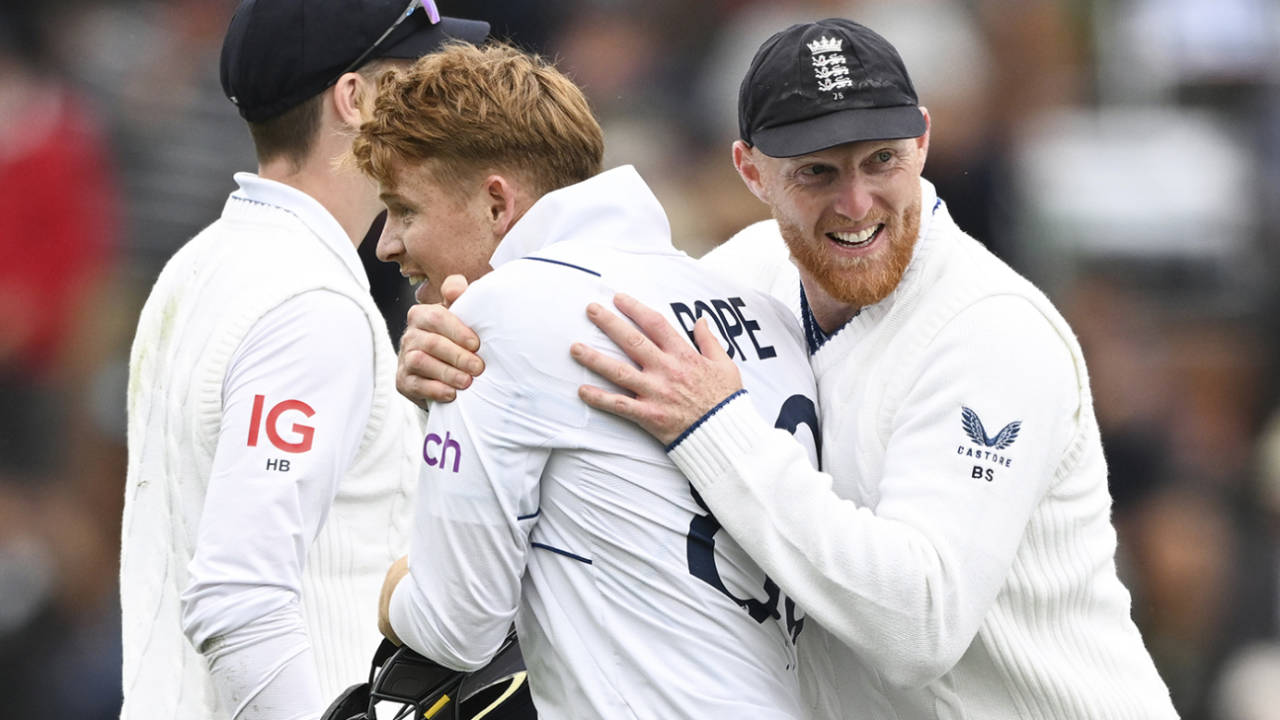 Ollie Pope and Ben Stokes celebrate a wicket in New Zealand&nbsp;&nbsp;&bull;&nbsp;&nbsp;Andrew Cornaga/Photosport via AP