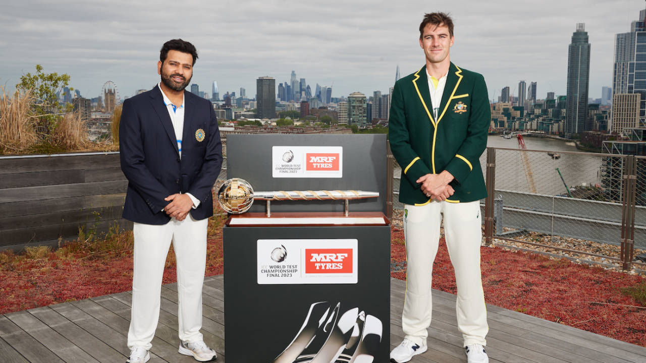 Rohit Sharma and Pat Cummins pose with the ICC Test mace, Battersea, June 5, 2023