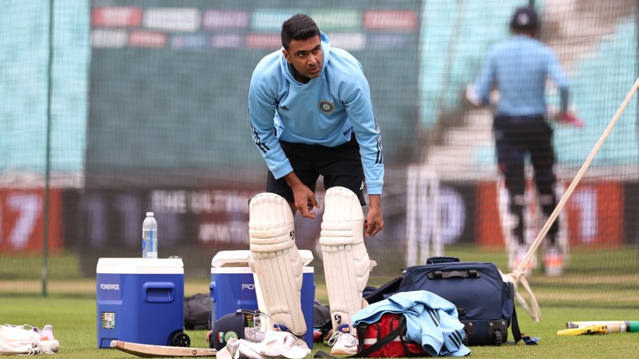 R Ashwin gets ready for a net session, London, June 6, 2023
