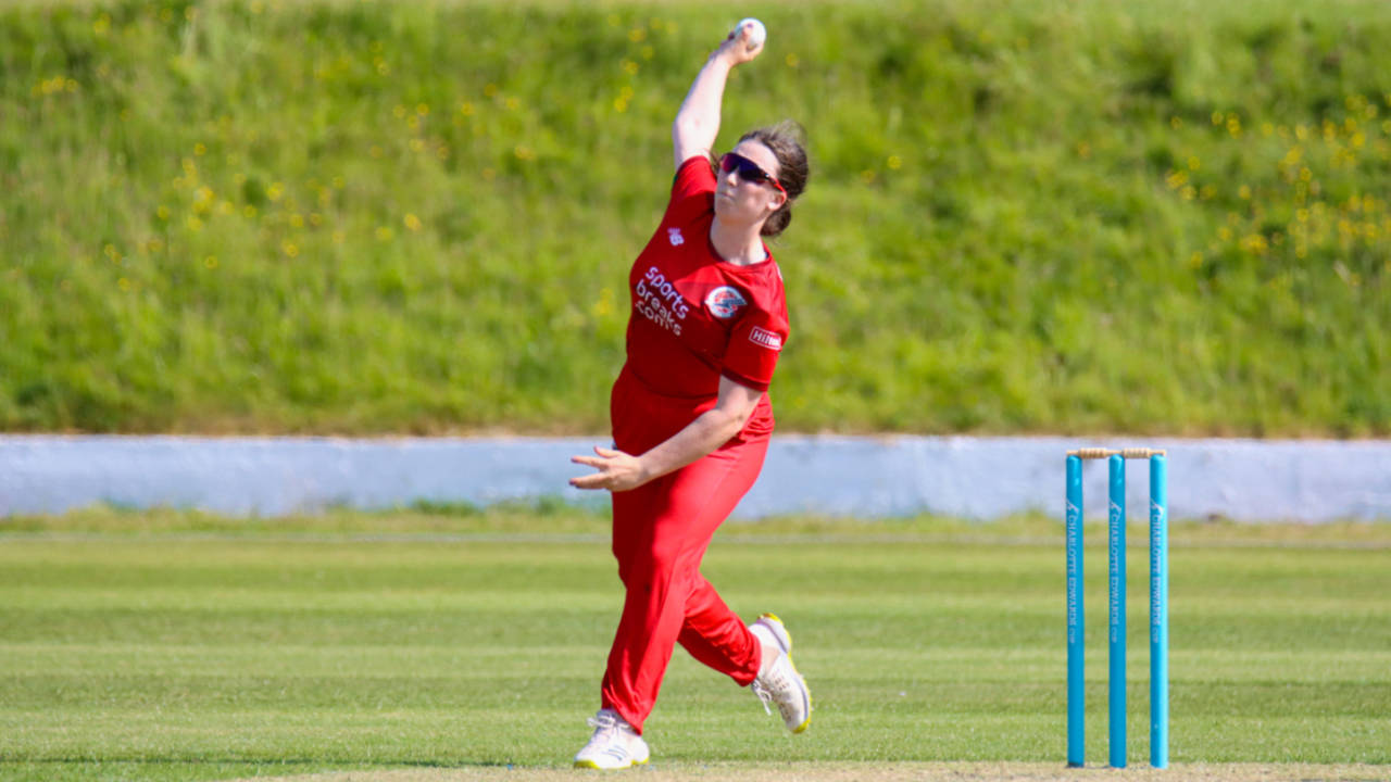 Olivia Bell delivers during her spell, Thunder v South East Stars, Charlotte Edwards Cup, Blackpool, June 4, 2023