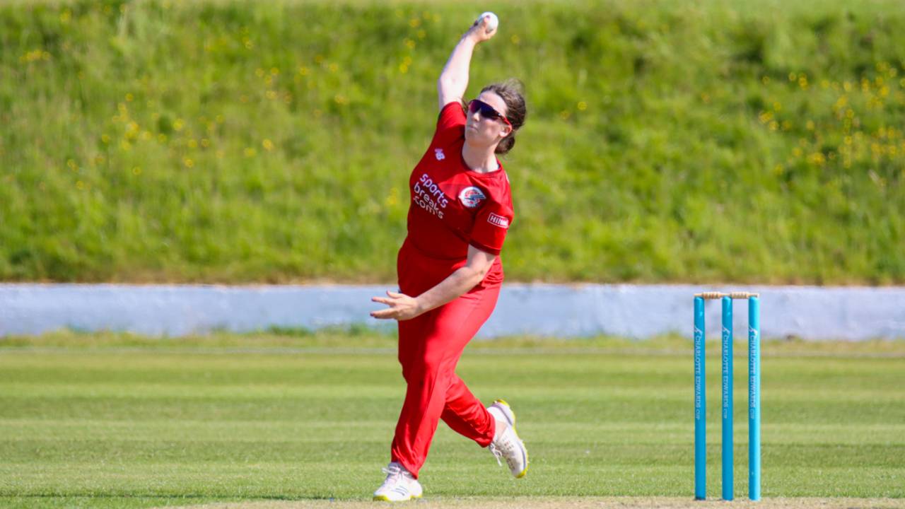 Olivia Bell delivers during her spell, Thunder v South East Stars, Charlotte Edwards Cup, Blackpool, June 4, 2023