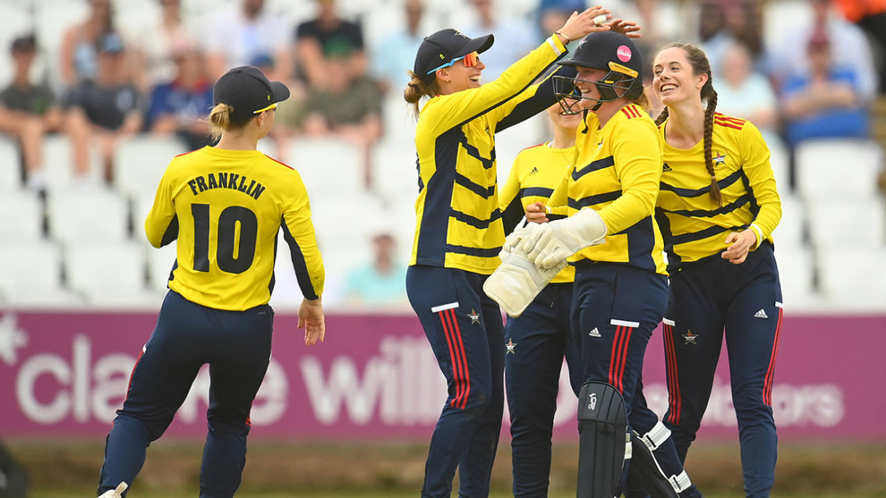 Bryony Smith celebrates the wicket of Alex Griffiths, Charlotte Edwards Cup, Western Storm vs South East Stars, Taunton, May 28, 2023 in Taunton, England