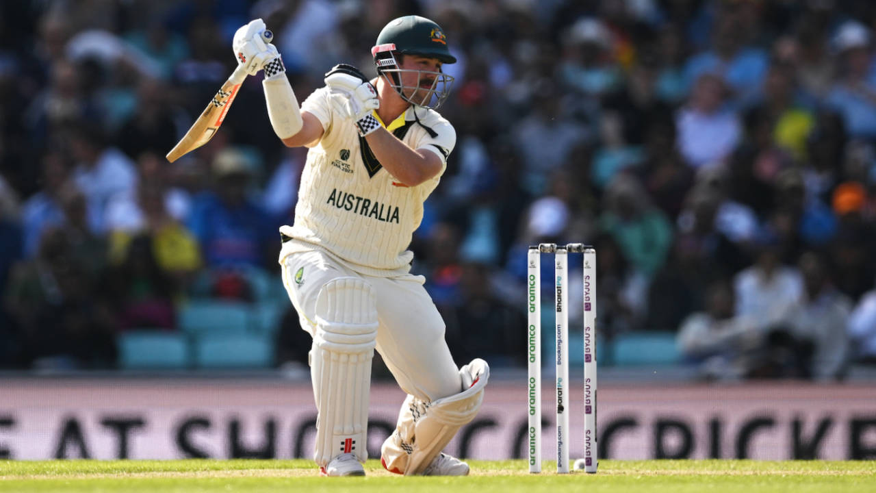 Travis Head finishes his one-handed drive, Australia vs India, WTC final, day one, London, June 7, 2023 