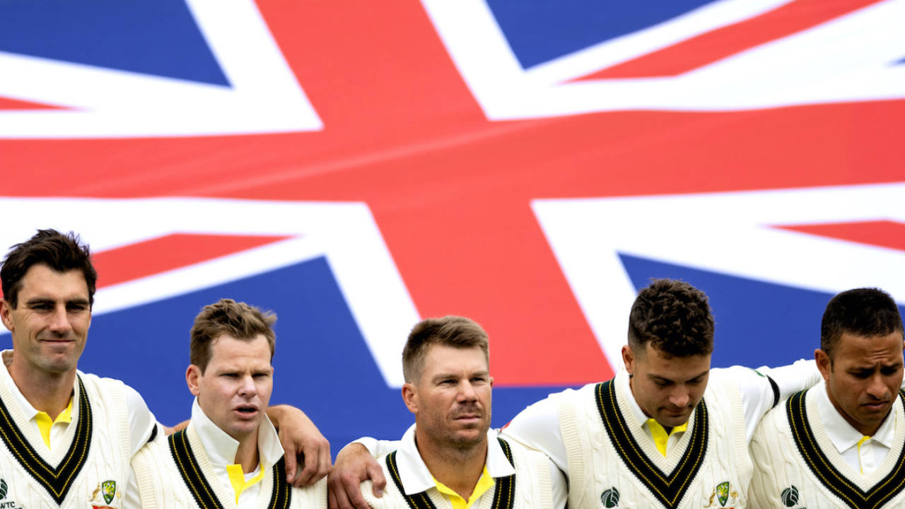 Australia's senior pros - Pat Cummins, Steven Smith, David Warner, Alex Carey, and Usman Khawaja - at the national anthem, Australia vs India, WTC final, Day 1, London, June 7, 2023 