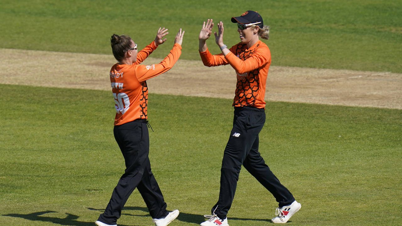 Linsey Smith celebrates with team-mate Georgia Adams, Charlotte Edwards Cup, Southern Vipers vs Thunder, Ageas Bowl, Wednesday May 31, 2023