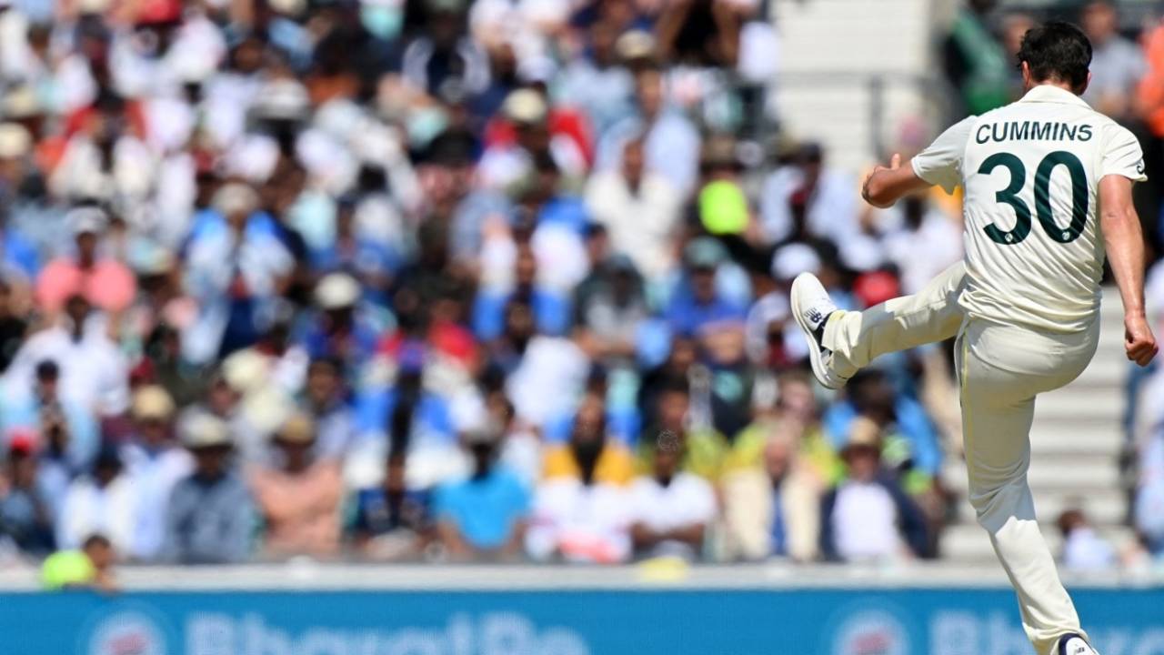 Pat Cummins kicks the ball in frustration after a second no-ball reprieve for India&nbsp;&nbsp;&bull;&nbsp;&nbsp;Glyn Kirk/AFP/Getty Images