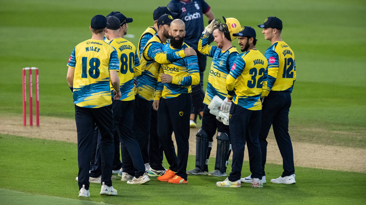 Moeen Ali celebrates a wicket with team-mates, Vitality Blast, Birmingham Bears vs Northamptonshire Steelbacks, Edgbaston, June 9, 2023