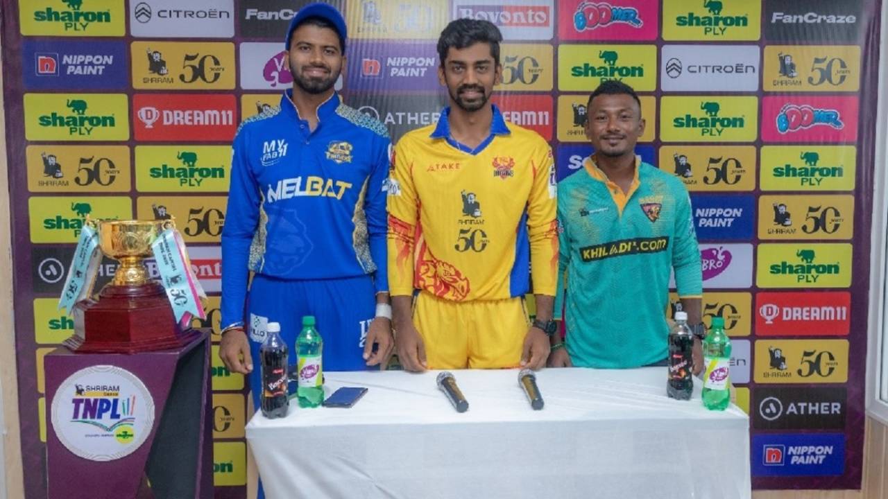 C Hari Nishaanth, B Indrajith and GS Raju at a TNPL press conference, Coimbatore, June 11, 2023