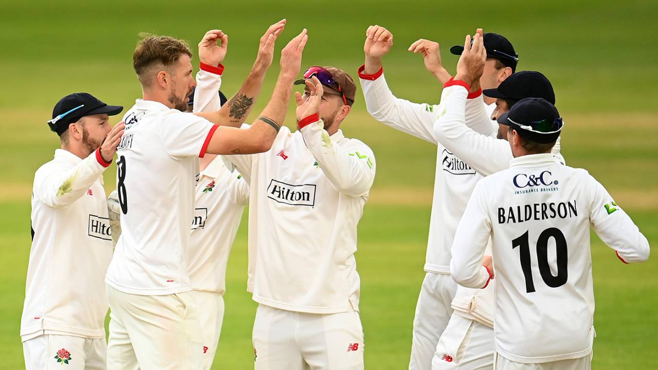 Tom Bailey is congratulated by his team-mates, Somerset vs Lancashire, County Championship, Division One, Taunton, April 23, 2023