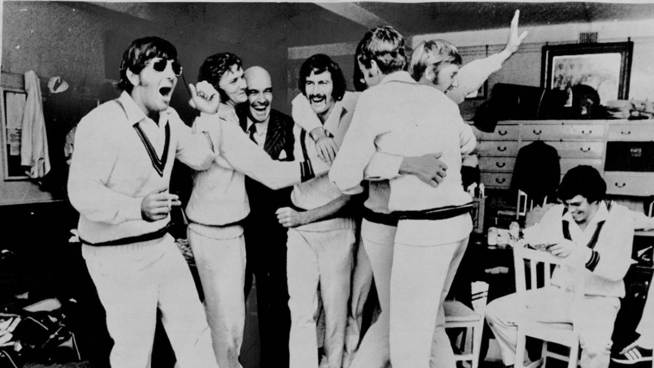 Members of the Australia team celebrate winning the second Test. From left: Rod Marsh, Bob Massie, Ray Steele, Dennis Lillee, Ross Edwards, Ashley Mallett and Jeff Hammond. England v Australia, second Test, Lord's, 4th day, June 26 1972