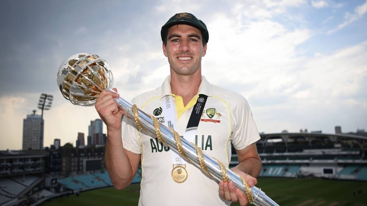 Pat Cummins poses with the Test mace after the WTC win, Australia vs India, WTC final, The Oval, London, June 11, 2023