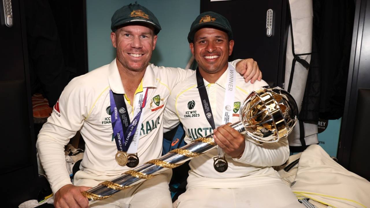 Openers assemble: David Warner and Usman Khawaja with the Test mace&nbsp;&nbsp;&bull;&nbsp;&nbsp;ICC/Getty Images