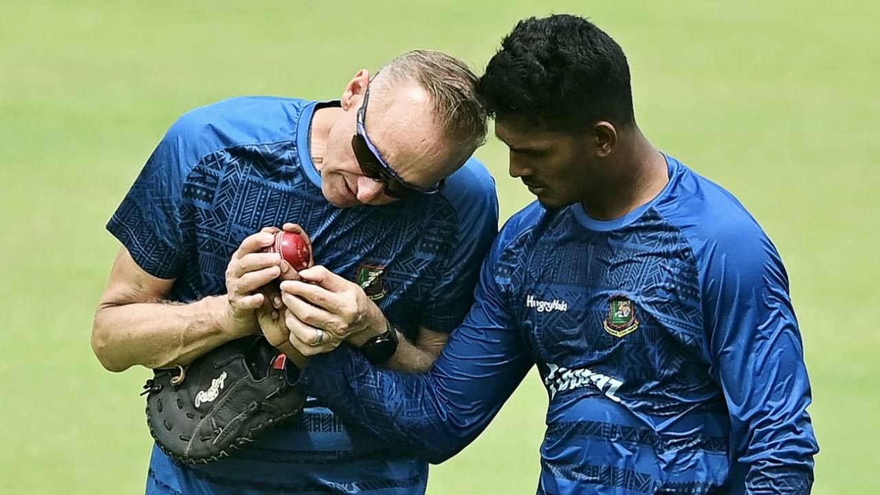 Bangladesh fast-bowling coach Allan Donald works with Musfik Hasan at the nets, Dhaka, June 13, 2023