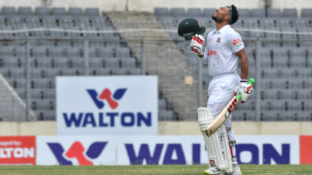 Najmul Hossain Shanto thanks the heavens on reaching his century, Bangladesh vs Afghanistan, Only Test, Mirpur, 1st day, June 14, 2023