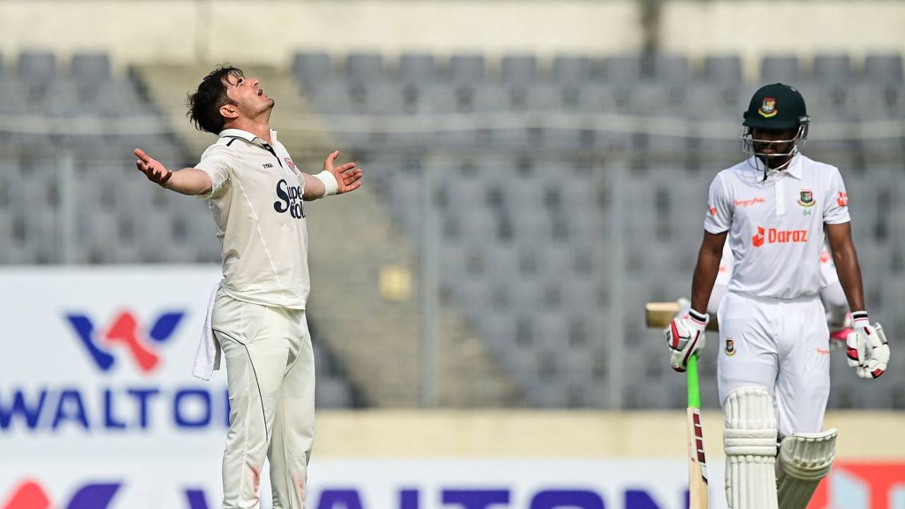 Amir Hamza soaks it in while Najmul Hossain Shanto walks back, Bangladesh vs Afghanistan, Only Test, Mirpur, 1st day, June 14, 2023