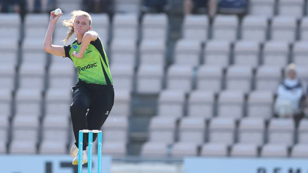 Lauren Filer in full flight, Charlotte Edwards Cup, Southern Vipers vs Western Storm, Ageas Bowl, May 26, 2023