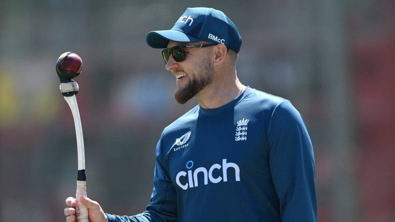 Brendon McCullum finds a reason to smile during training, Birmingham, June 14, 2023