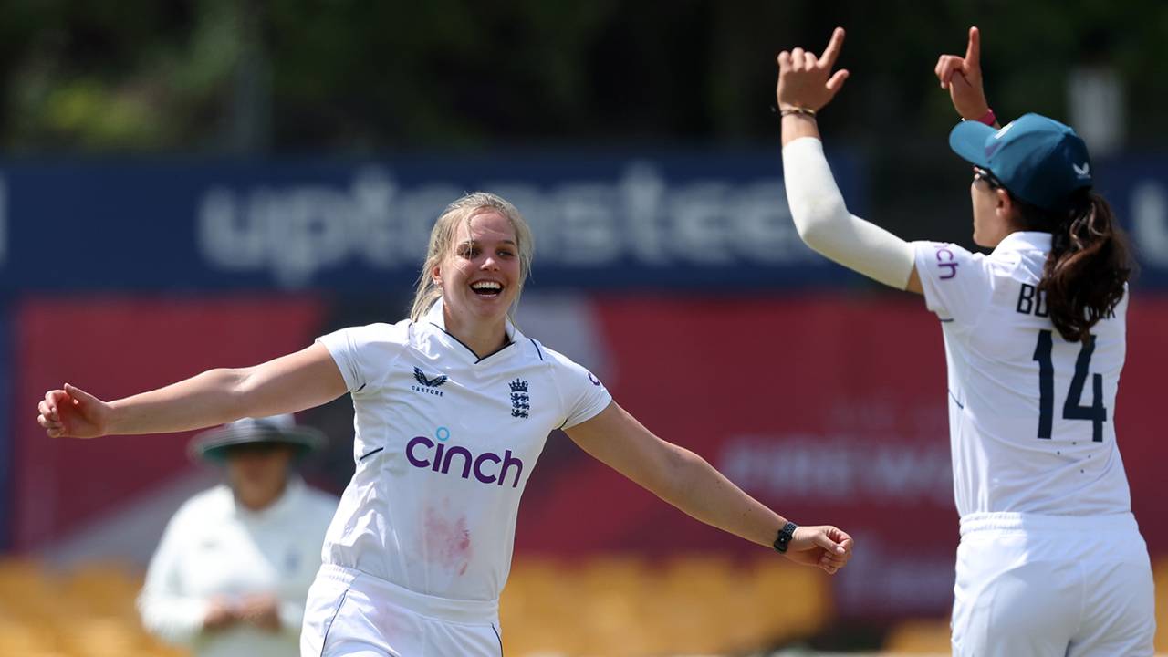 Freya Davies celebrates a breakthrough, England Women Academy vs Australia, Tour match, Grace Road, June 15, 2023