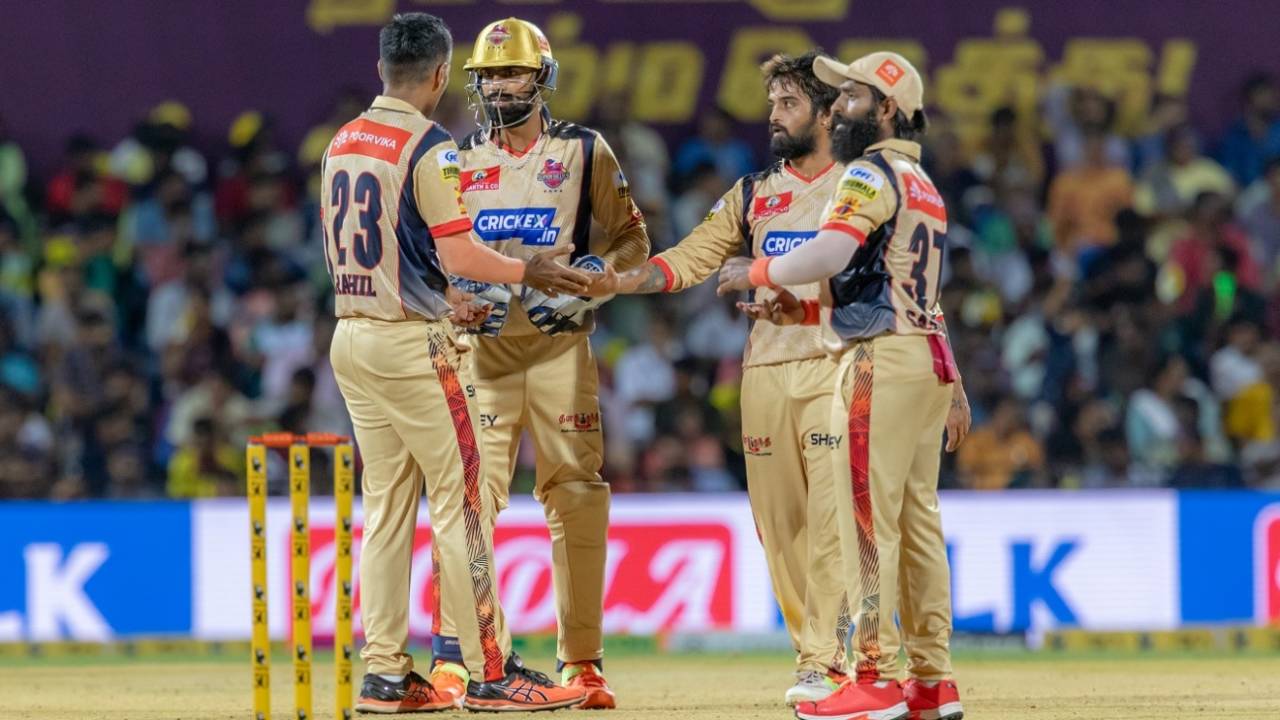 B Rocky celebrates a wicket, Chepauk Super Gillies vs IDream Tiruppur Tamizhans, TNPL 2023, Coimbatore, June 15, 2023
