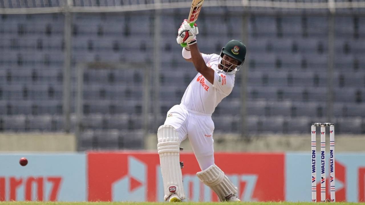 Najmul Hossain Shanto sends one down the ground, Bangladesh vs Afghanistan, Only Test, Mirpur, 3rd day, June 16, 2023