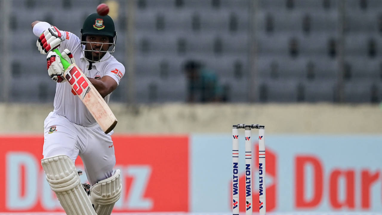 Najmul Hossain Shanto drives in the V, Bangladesh vs Afghanistan, Only Test, Mirpur, 2nd day, June 15, 2023