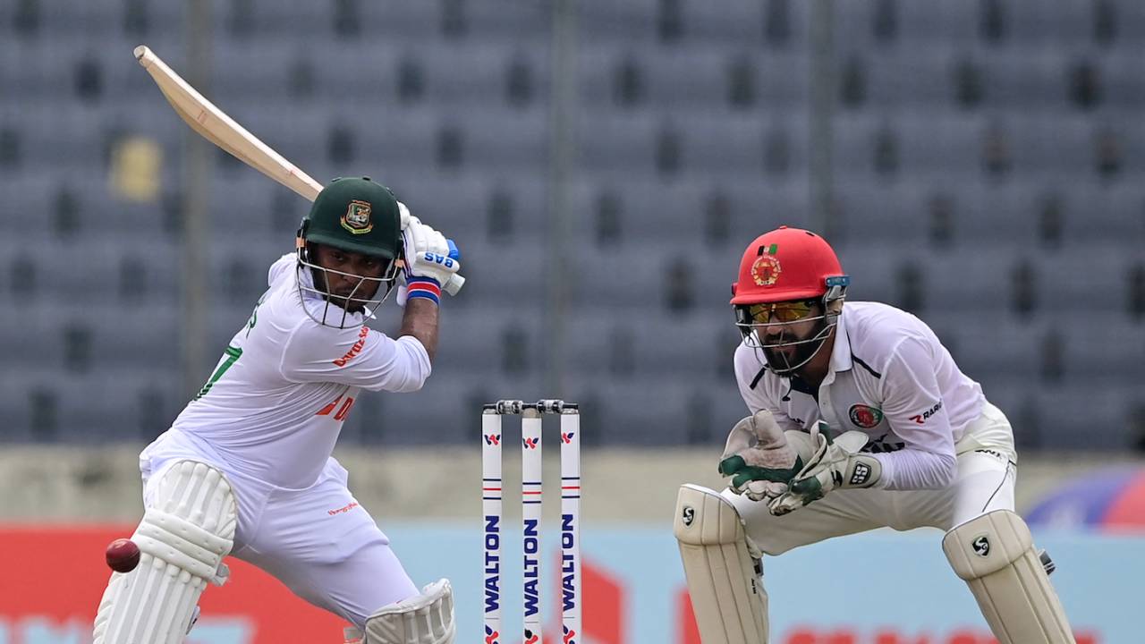 Zakir Hasan shapes to cut in front of Afsar Zazai, Bangladesh vs Afghanistan, Only Test, Mirpur, 3rd day, June 16, 2023