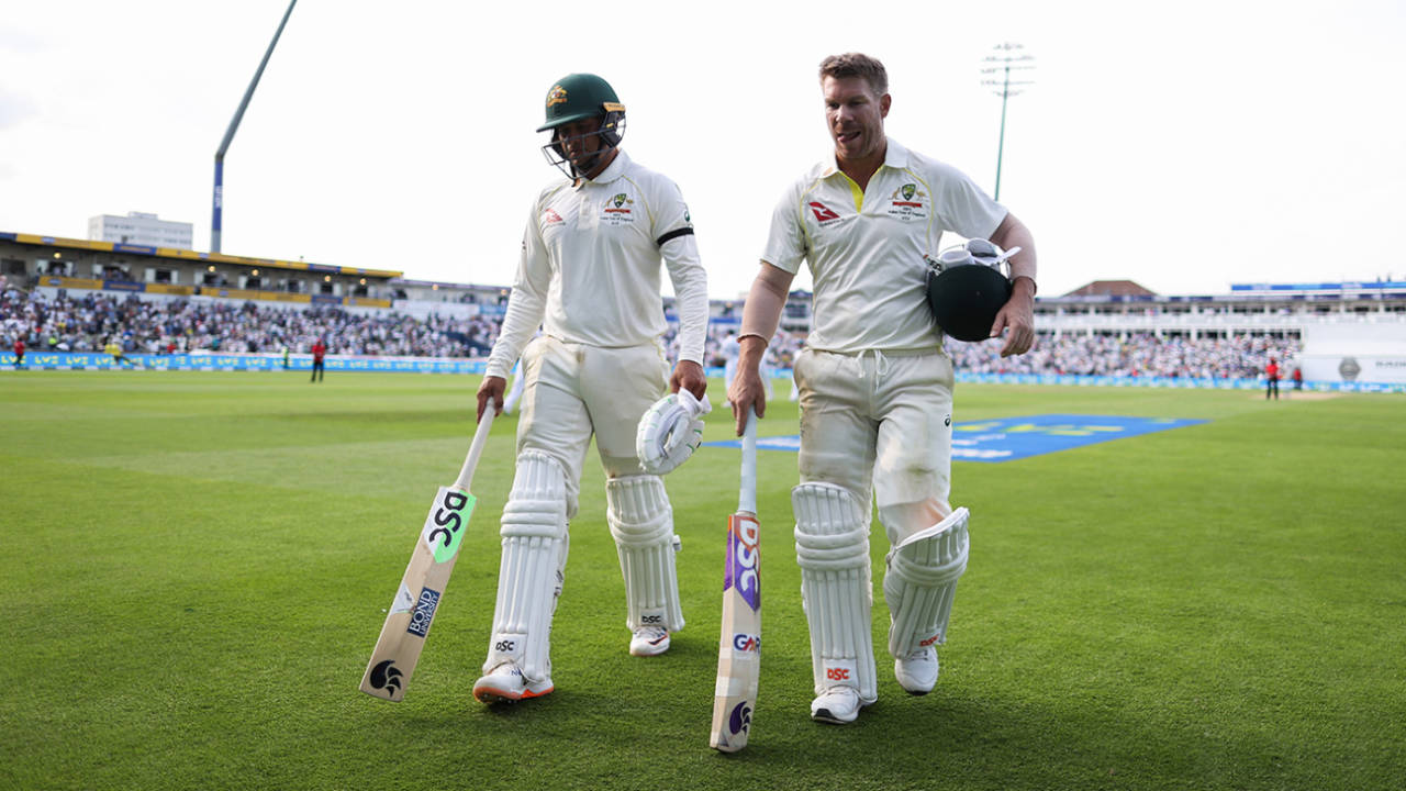 Usman Khawaja and David Warner walk from the ground at stumps, England vs Australia, 1st Ashes Test, Edgbaston, 1st day, June 16, 2023