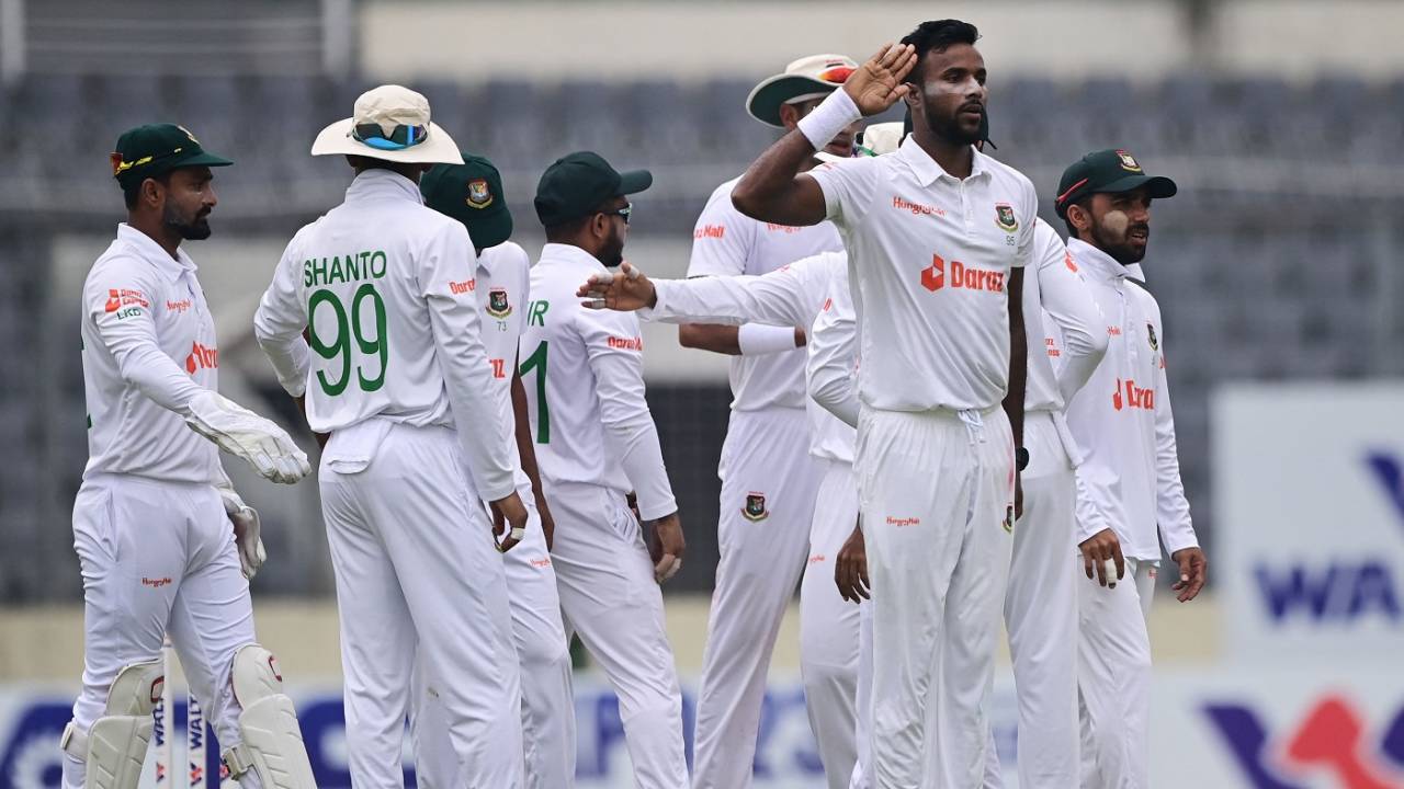 Ebadot Hossain celebrates the wicket of Nasir Jamal