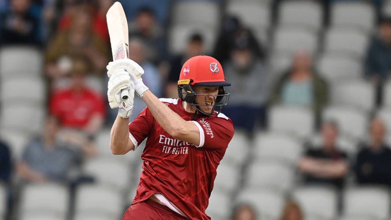 Luke Wells climbs into a shot, Lancashire vs Leicestershire, Vitality Blast, Old Trafford, May 25, 2023