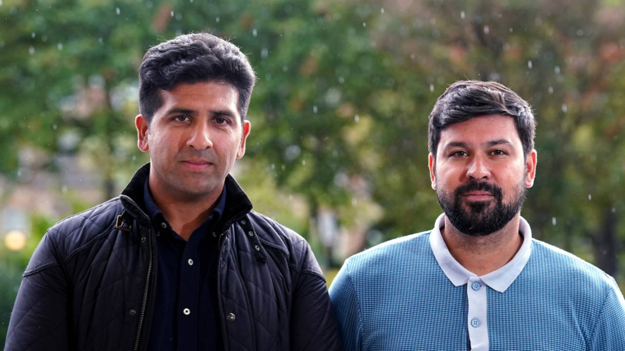 Majid Haq and Qasim Sheikh (from left) of Scotland following a meeting at the offices of their lawyer with the Cricket Scotland leadership following a report into racism in Scottish cricket, Glasgow, October 7, 2022