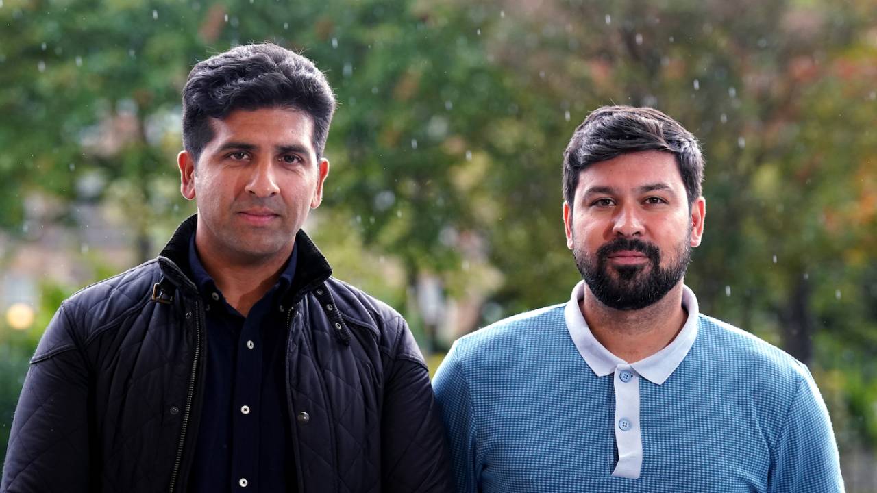 Majid Haq and Qasim Sheikh (from left) of Scotland following a meeting at the offices of their lawyer with the Cricket Scotland leadership following a report into racism in Scottish cricket, Glasgow, October 7, 2022