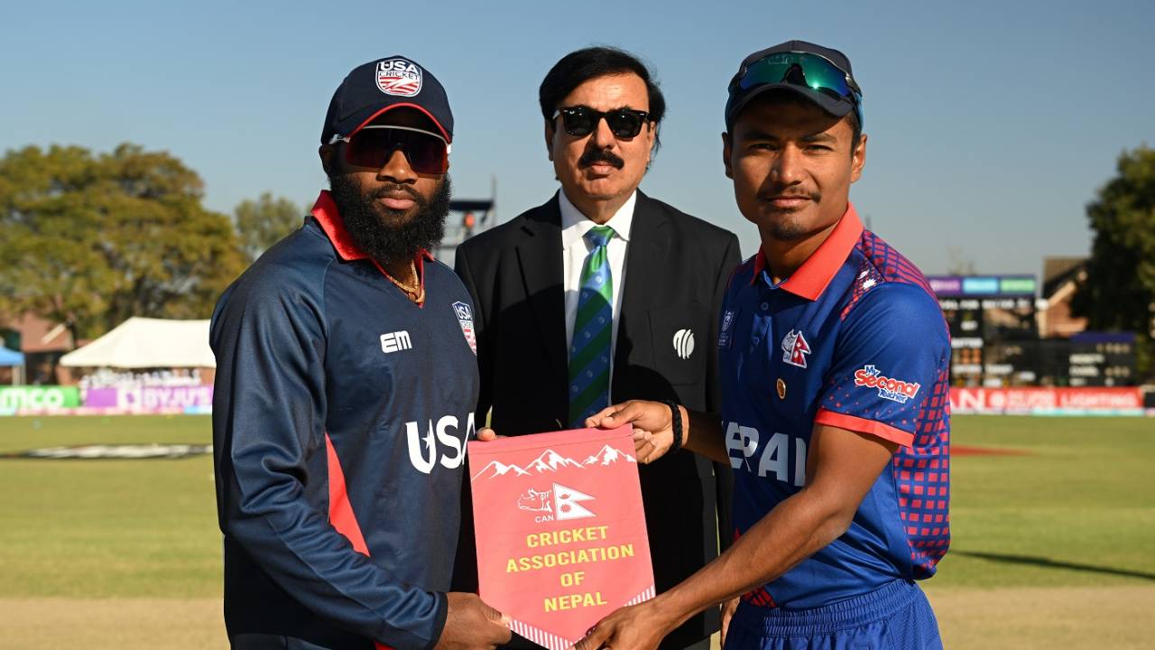 Rohit Paudel and Aaron Jones pose for the shutterbugs at the toss, Nepal vs USA, ICC World Cup Qualifier, Harare, June 20, 2023