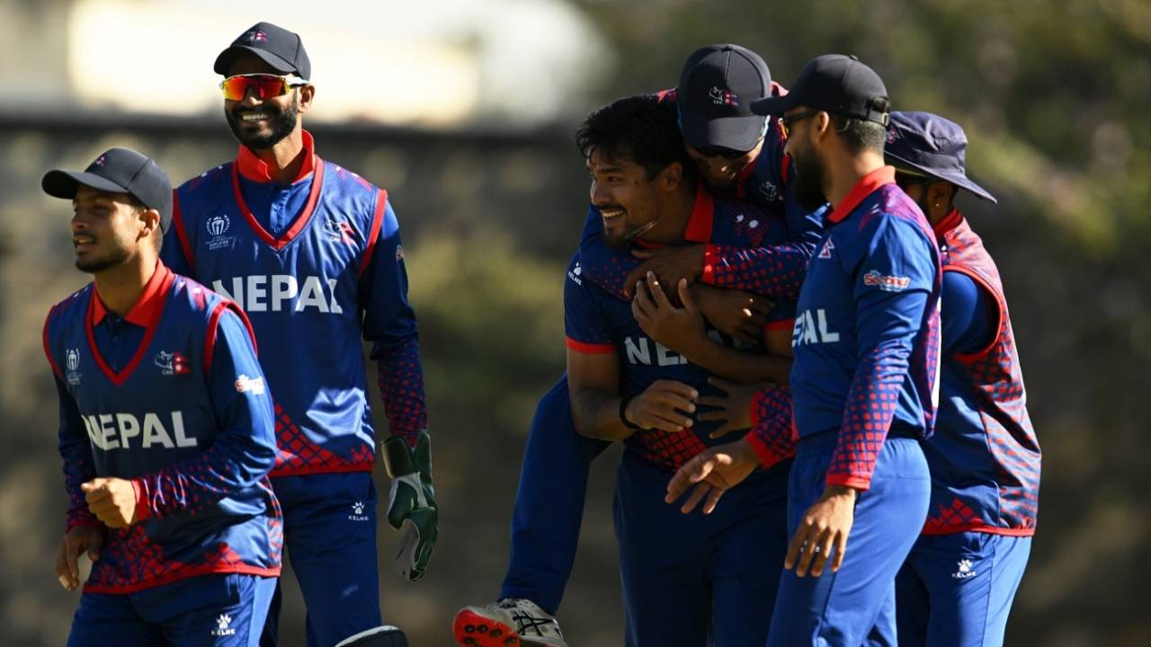 The Nepal fielders are all over Karan KC after he nabbed Steven Taylor lbw, Nepal vs USA, ICC World Cup Qualifier, Harare, June 20, 2023