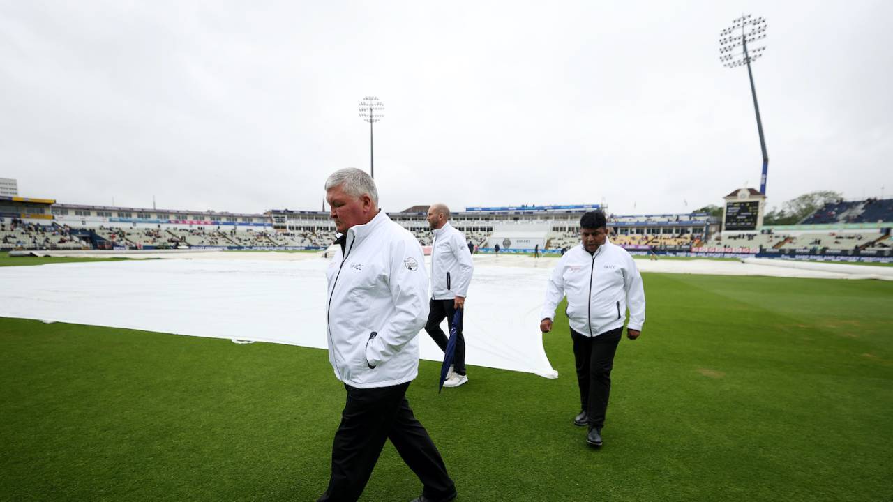 Marais Erasmus and Ahsan Raza inspect the ground after rain, England vs Australia, 1st Ashes Test, Edgbaston, 5th day, June 20, 2023